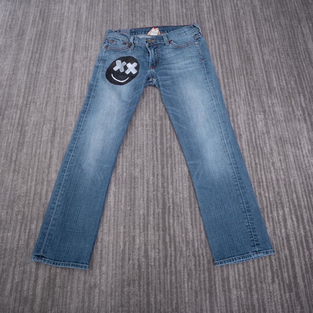 Lucky Brand Jeans Women 2/26 Fit 28 Blue Sundown Skinny Cuffed Painted Smiley